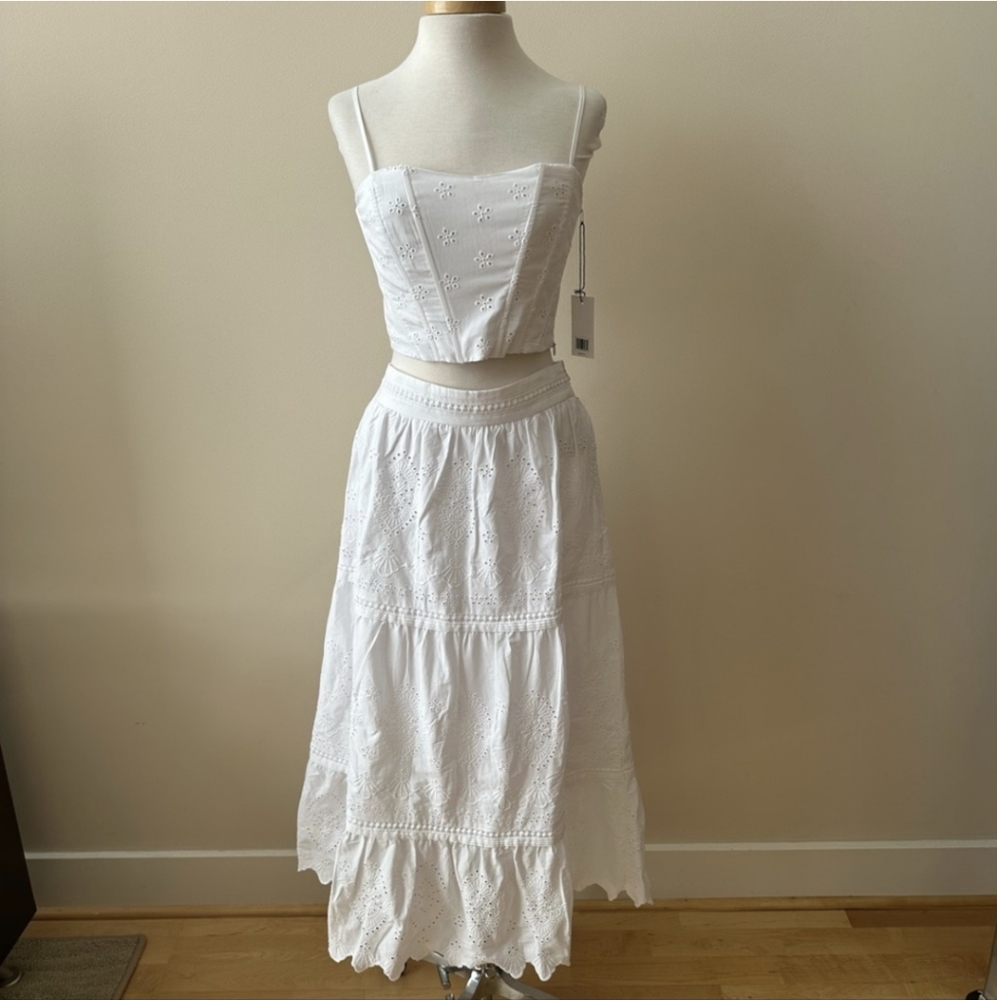 NWT Jason Wu Eyelet 2 Pc Set Tiered Ruffled Midi Skirt & Corset Crop Top White M - Picture 5 of 16